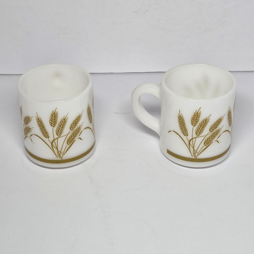 Milk Glass Wheat Pattern Coffee Mugs Set of 2 White Gold Decorated